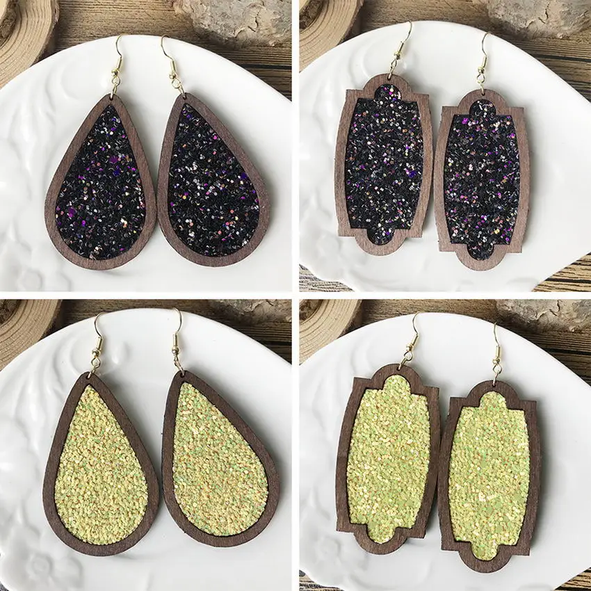 

Wood Frame Glitter Leather Teardrop Earrings for Women Summer Boutique Jewelry Natural Wooden Oval Leather Earrings Wholesale