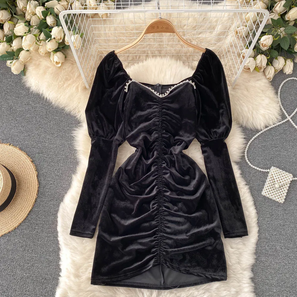 B939 Elegant Feminine Autumn and Winter New Fashion Retro Velvet Short Black Dress Women Long Sleeve Vestidos De Mujer
B939 Elegant Feminine Autumn and Winter New Fashion Retro Velvet Short Black Dress Women Long Sleeve Vestidos De Mujer
