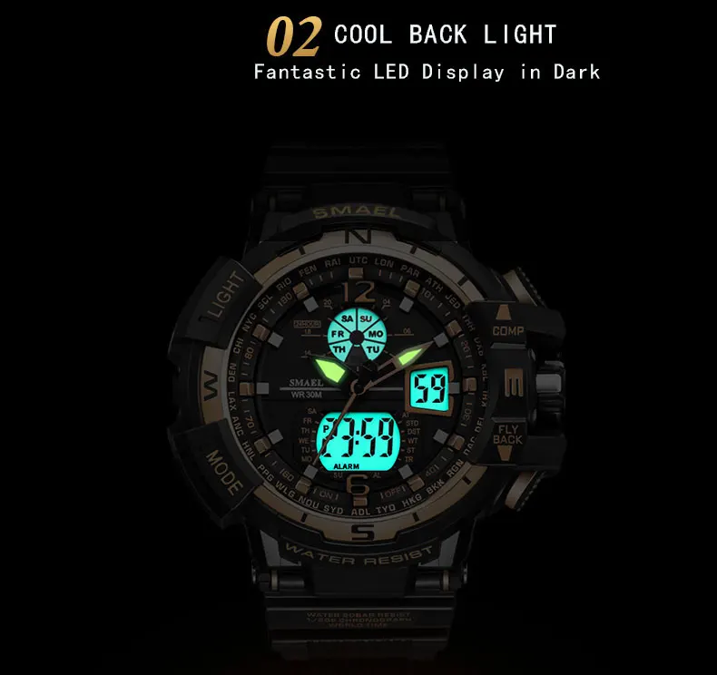 2020 New Smael Men Sports Watches Fashion Military Watches Dual Display LED Digital Analog Quartz Watches erkek kol saati uhren
2020 New Smael Men Sports Watches Fashion Military Watches Dual Display LED Digital Analog Quartz Watches erkek kol saati uhren