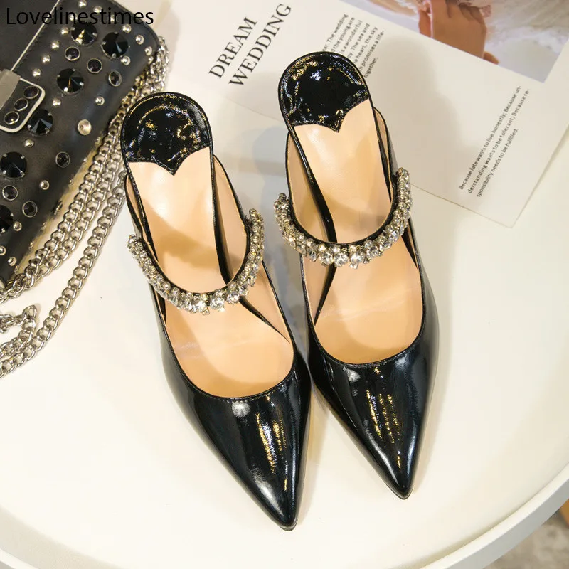 Черные Летние босоножки на высоком каблуке со стразами Коллекция 2022 года Женские