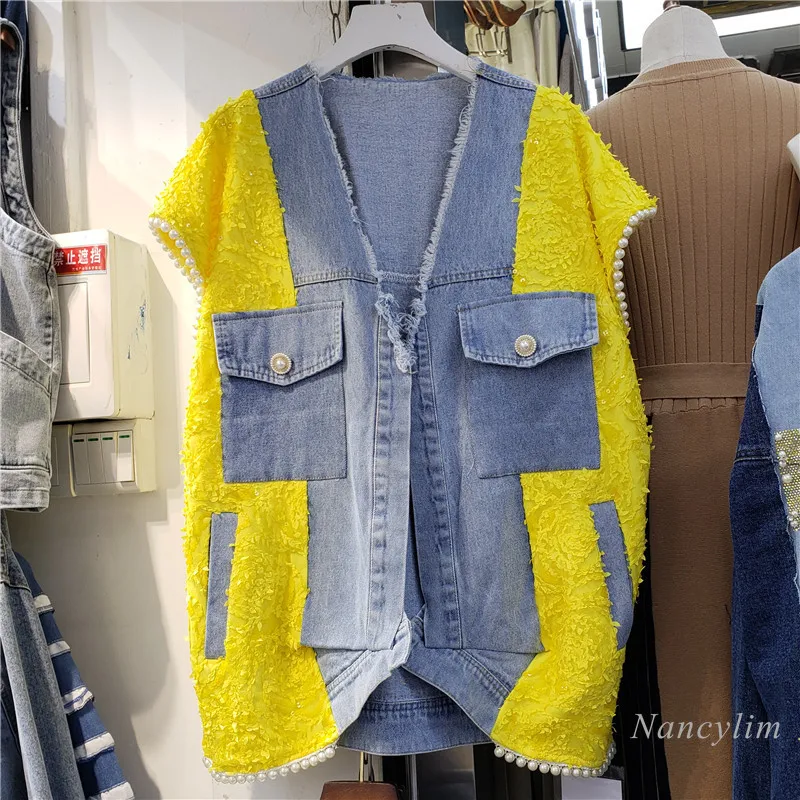 

Yellow Lace Patch Blue Denim Vest Women 2021 Spring and Summer New Pearl Beaded Sequins Loose Sleeveless Waistcoat Outwears