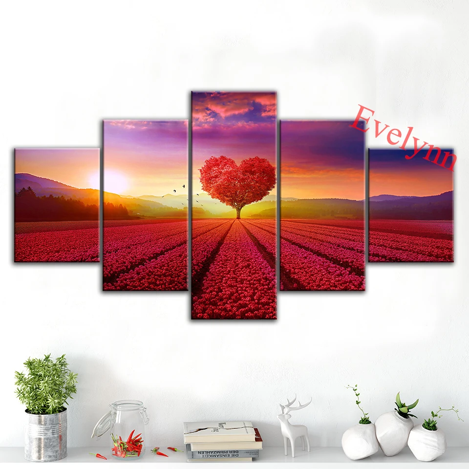 

5 Pieces Poster Beautiful Heart Tree Landscape Scenery Canvas Modular Pictures Wall Art Prints Living Room Home Decor Paintings