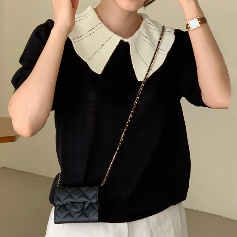 Korea Chic Summer Wild Hit Color Stitching Lapel Loose Casual Thin Puff Sleeve Sweater Shirt Women
Korea Chic Summer Wild Hit Color Stitching Lapel Loose Casual Thin Puff Sleeve Sweater Shirt Women