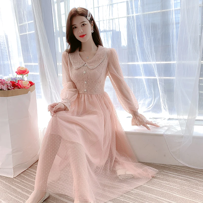 Женское платье с длинным рукавом и отложным воротником, однотонное кружевное офисное платье в стиле пэчворк с высокой талией, осень 2021 
Женское платье с длинным рукавом и отложным воротником, однотонное кружевное офисное платье в стиле пэчворк с высокой талией, осень 2021