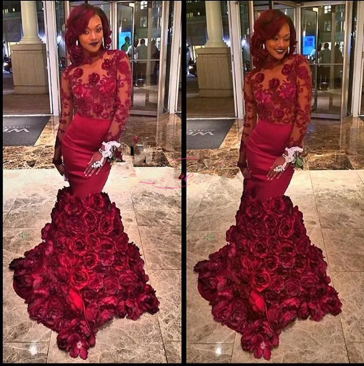 Sexy Backless Mermaid Burgundy Flowers red Prom Dresses Custom Made Long Sleeve Flower Cheap Dress Party Evening Gowns 2015
Sexy Backless Mermaid Burgundy Flowers red Prom Dresses Custom Made Long Sleeve Flower Cheap Dress Party Evening Gowns 2015