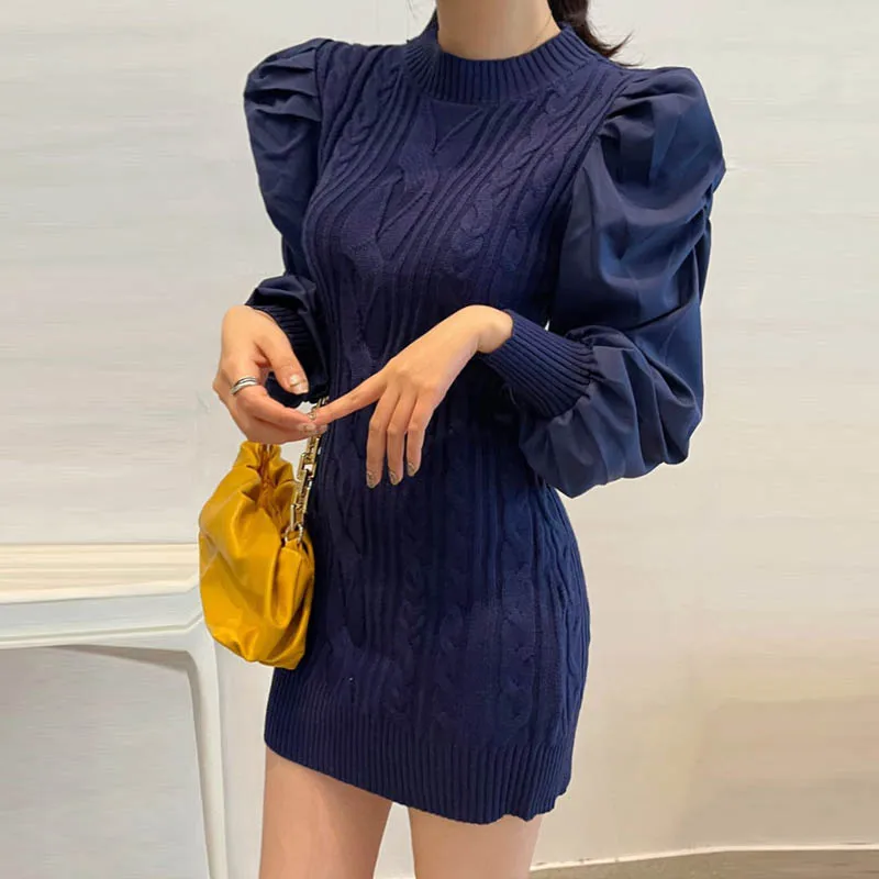 One-Piece Woman Mini Dress Korean Chic Puff Sleeve Slim Short Knitted Sweater Dresses 2020 New Winter Splicing Knit Dress Lady
One-Piece Woman Mini Dress Korean Chic Puff Sleeve Slim Short Knitted Sweater Dresses 2020 New Winter Splicing Knit Dress Lady