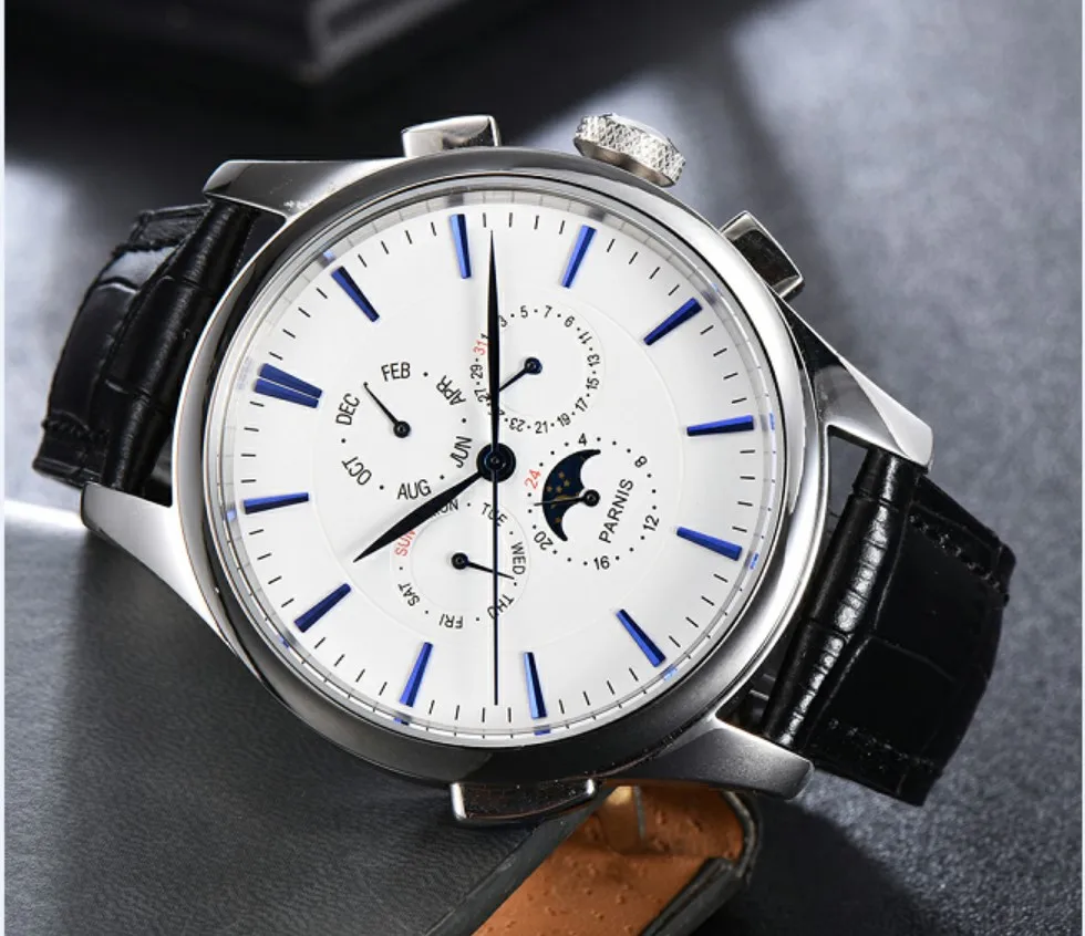44MM PARNIS Automatic Self-Wind movement Automatic date and week men's watch Moon Phase Mechanical watches GR112-20
44MM PARNIS Automatic Self-Wind movement Automatic date and week men's watch Moon Phase Mechanical watches GR112-20