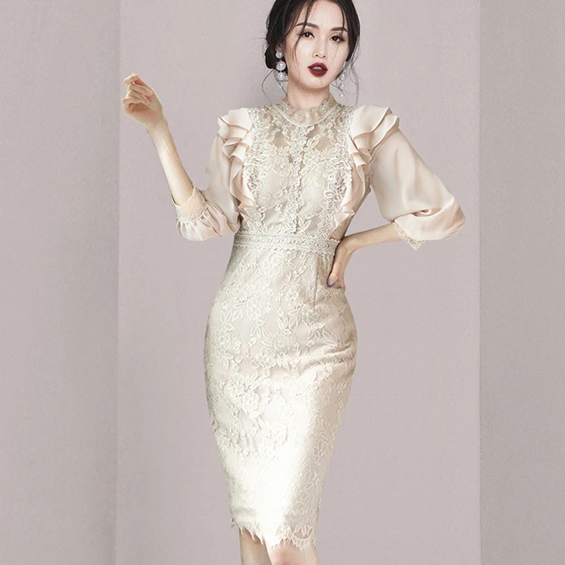 JSXDHK Autumn Ladies Office Bodycon Dress Elegant Women O Neck Lace Patchwork Chiffon Ruffles Sexy Bodycon Pencil Split Vestidos
JSXDHK Autumn Ladies Office Bodycon Dress Elegant Women O Neck Lace Patchwork Chiffon Ruffles Sexy Bodycon Pencil Split Vestidos