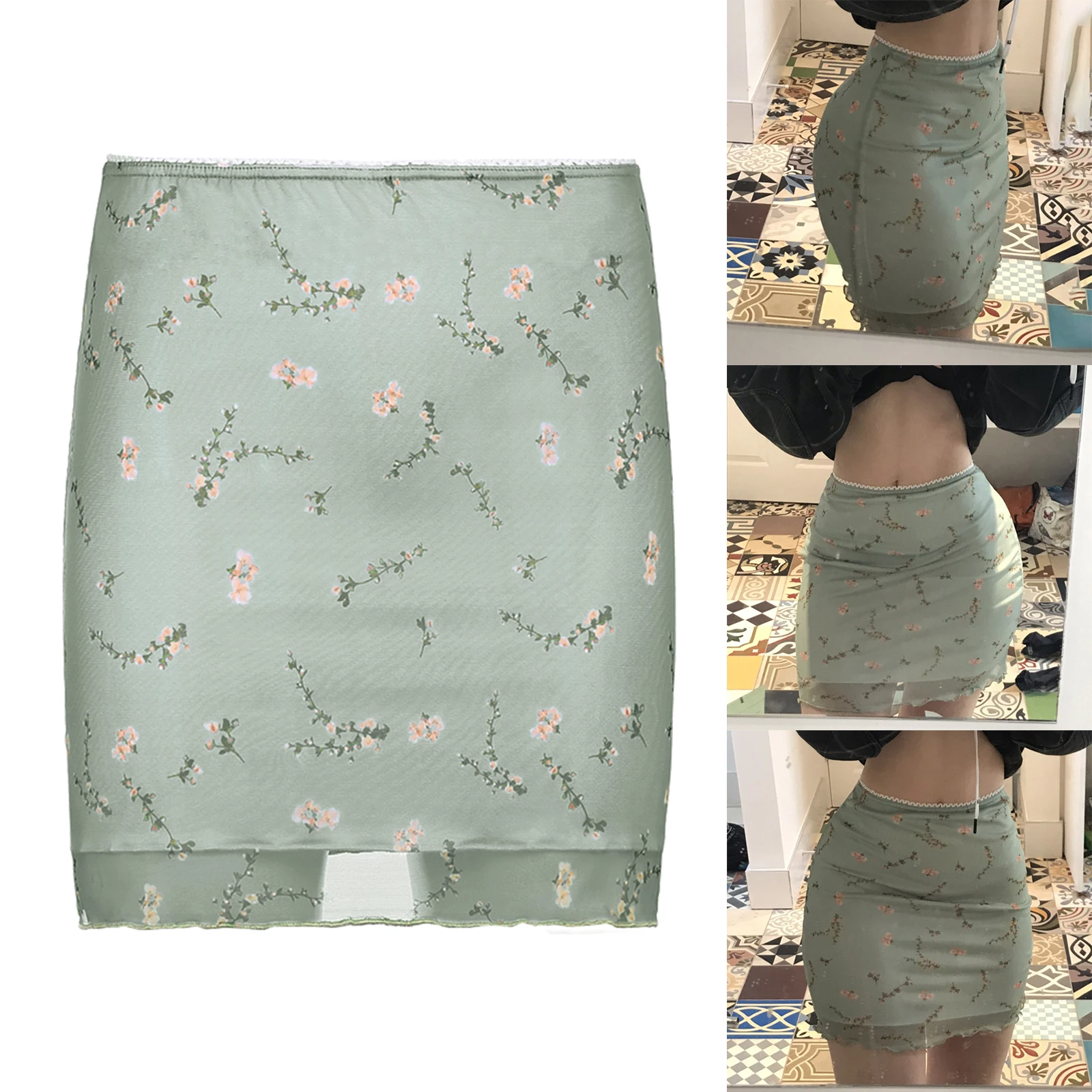 Women's Mesh Bodycon Mini Skirt Vintage Floral Print High Waist Lettuce Trim Short Pencil Skirt
Women's Mesh Bodycon Mini Skirt Vintage Floral Print High Waist Lettuce Trim Short Pencil Skirt