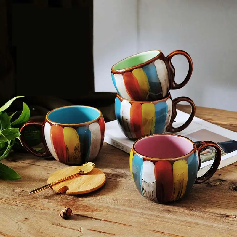 

350ml Creative Hand Painted Coffee Mug Ceramic Coffee Cup With Wooden Lid&Spoon Cafe Bar Drinkware Home Office Breakfast Cup