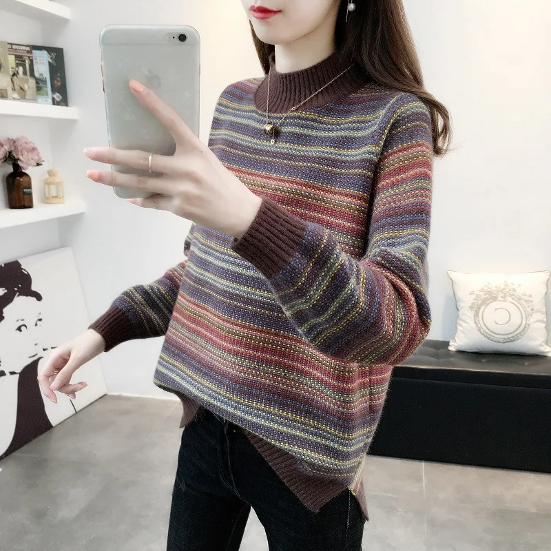 Фото Женский свитер в полоску ретро свободная верхняя одежда осень-зима новинка 2020