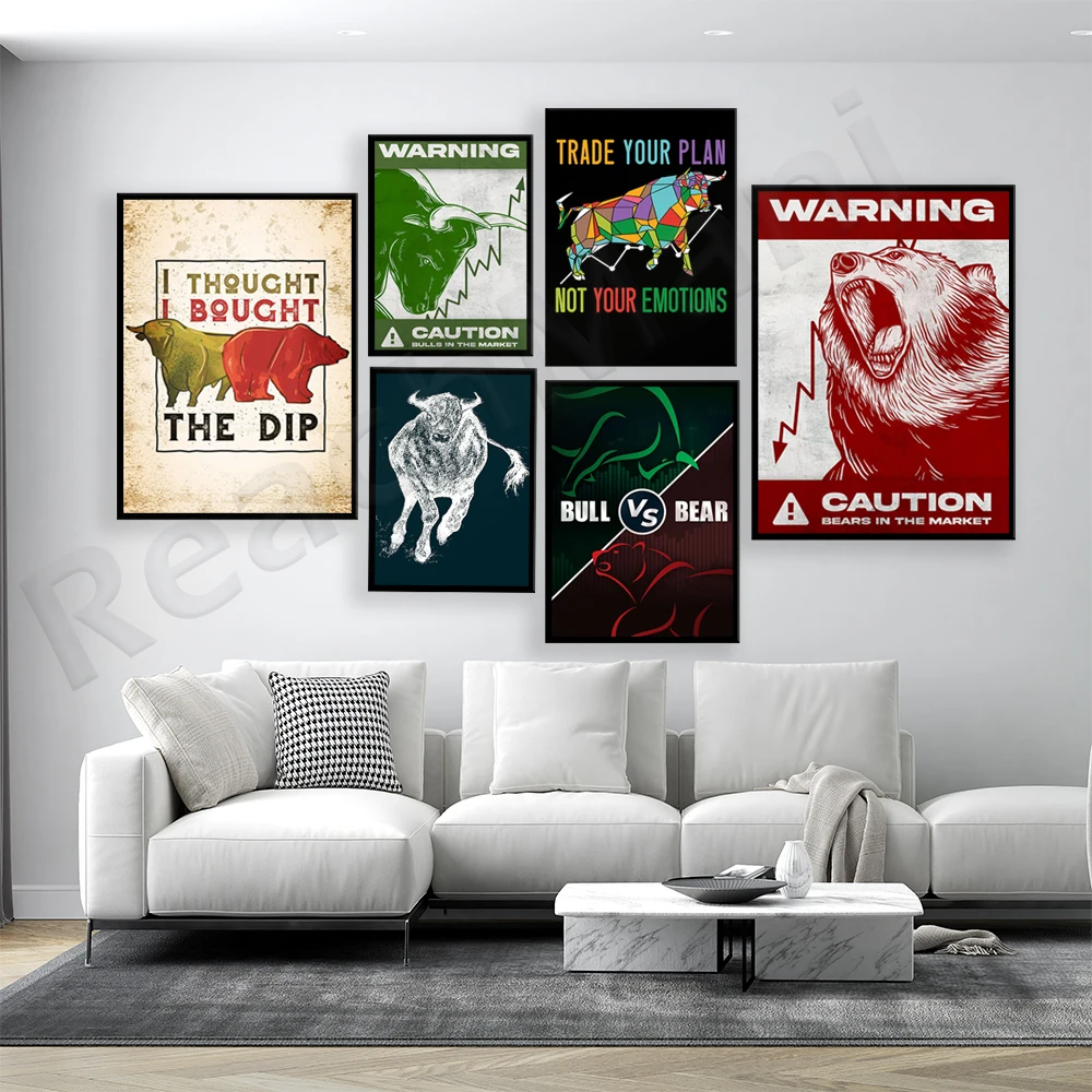 

Bull And Bear Stock Market Quote Poster And Print Modern Office Home Decor Finance Bitcoin Stock Trading WallArt Canvas Painting