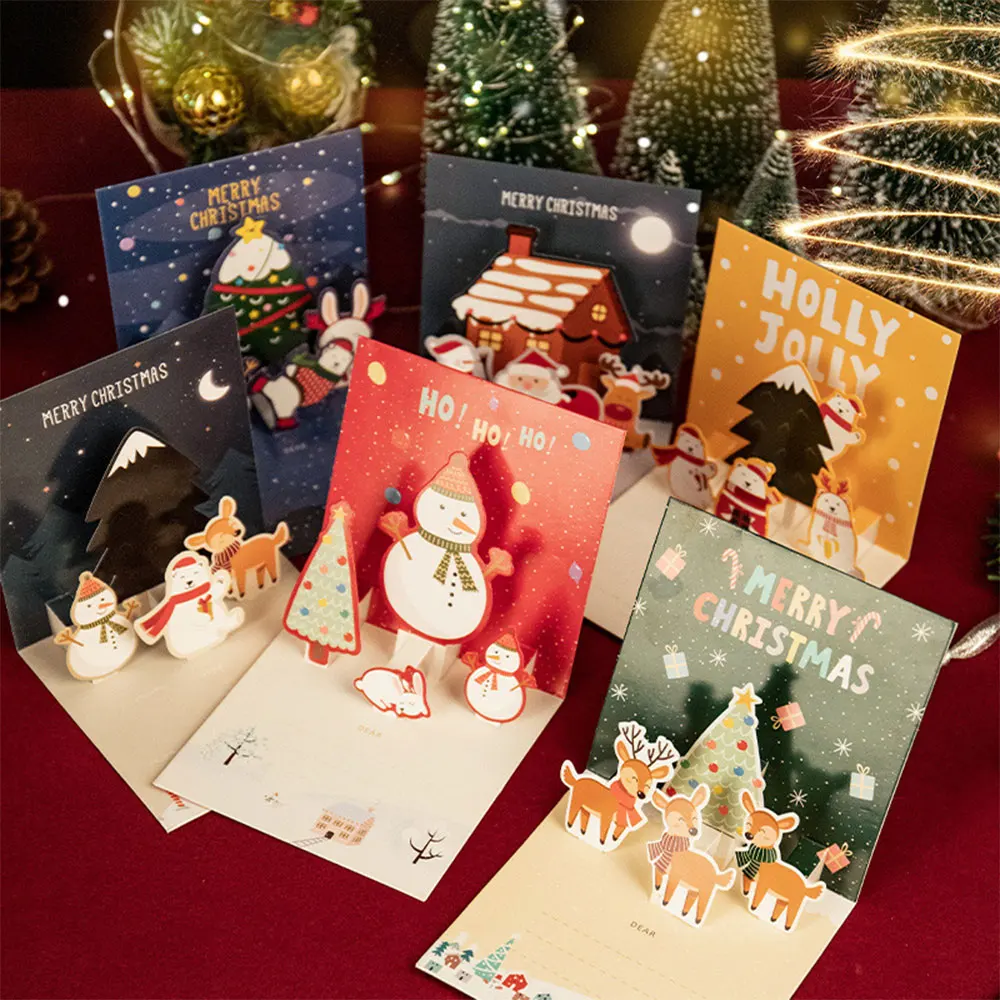 

3D Pop-Up Christmas Tree Three-dimensional Greeting Card Anniversary Gifts Postcard Elk Snowflake Christmas Tree Greeting Cards
