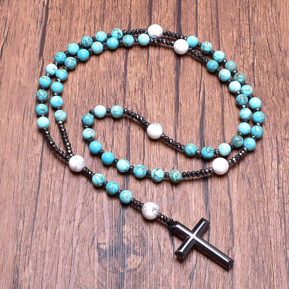 Natural Turquoise Howlite Rosary Cross Necklace Hematite Cross Stone Protection Catholic Gift Christian Jewelry Religious Rosary
Natural Turquoise Howlite Rosary Cross Necklace Hematite Cross Stone Protection Catholic Gift Christian Jewelry Religious Rosary