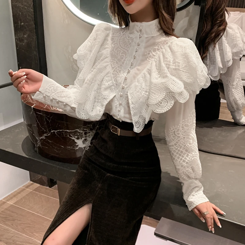 Vintage Black Blouse Women Stand Neck Ruffles Lantern Sleeve Designer Shirts Single Breasted Spring Lace Tops Elegant 2021 B805
Vintage Black Blouse Women Stand Neck Ruffles Lantern Sleeve Designer Shirts Single Breasted Spring Lace Tops Elegant 2021 B805