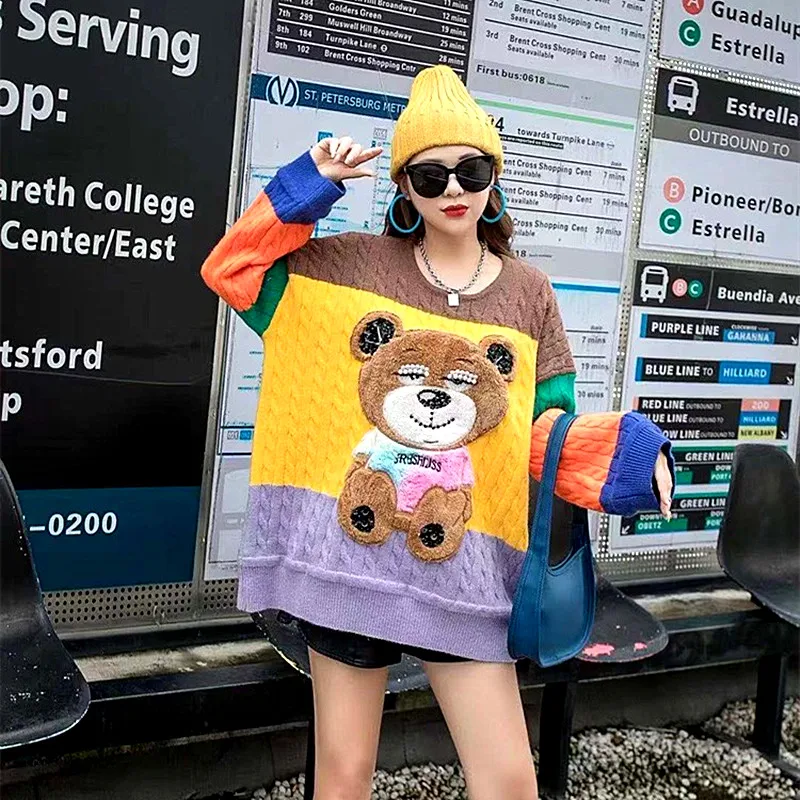 Women European Bear cartoon Appliques color block long knitted sweaters pullovers street Pearls Beaded oversized sweaters NS599
Women European Bear cartoon Appliques color block long knitted sweaters pullovers street Pearls Beaded oversized sweaters NS599