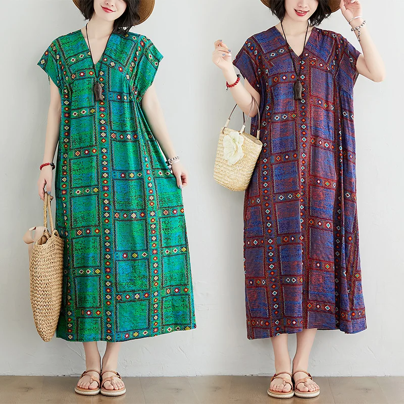 Re shipping summer new national style printing loose large V-neck over knee mid length dress
Re shipping summer new national style printing loose large V-neck over knee mid length dress