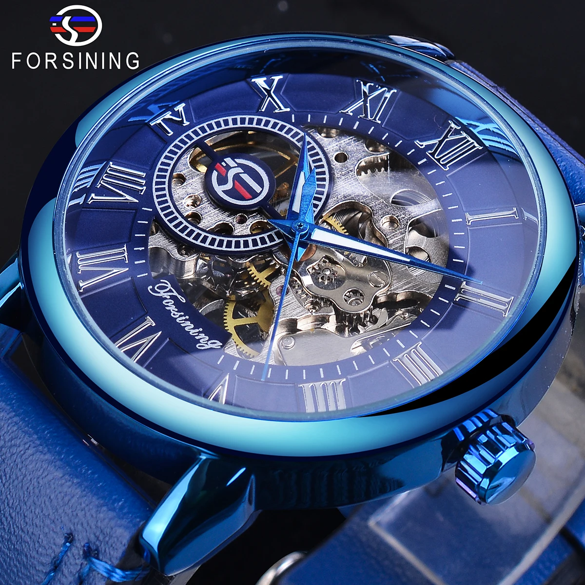 

Forsining Mens Full Blue Mechanical Watches Hand Winding Analog Genuine Leather Belt Business Dress Wristwatch Relogio Masculino