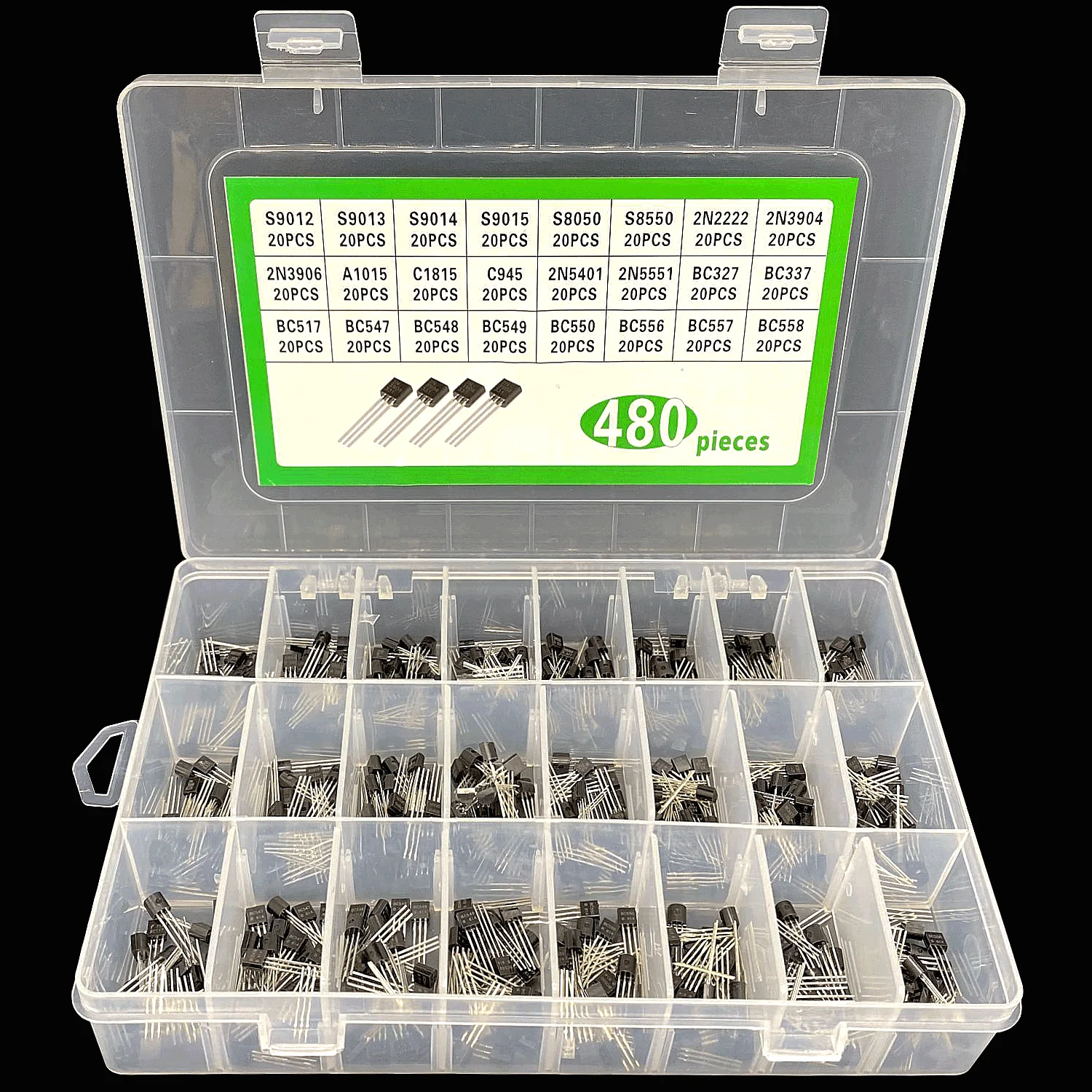 480Pcs 24 Types Silicon In-line NPN / PNP Transistor Assortment Kit Pack 2N2222 Components & Supplies Active Components 
480Pcs 24 Types Silicon In-line NPN / PNP Transistor Assortment Kit Pack 2N2222 Components & Supplies Active Components
