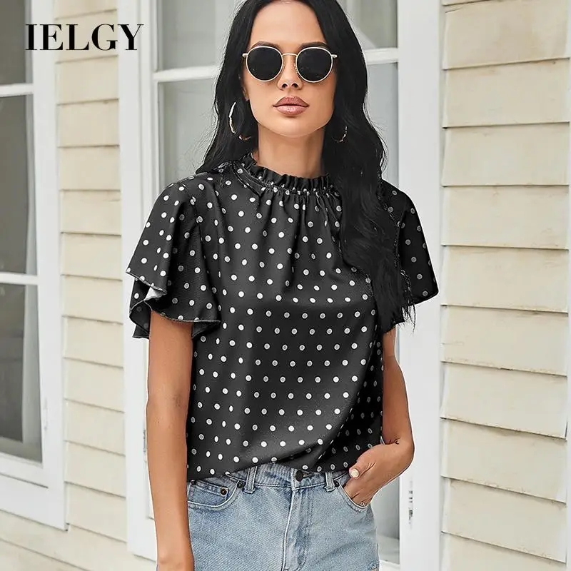 

IELGY summer new temperament casual polka dot lotus leaf stand-up collar flying sleeve top