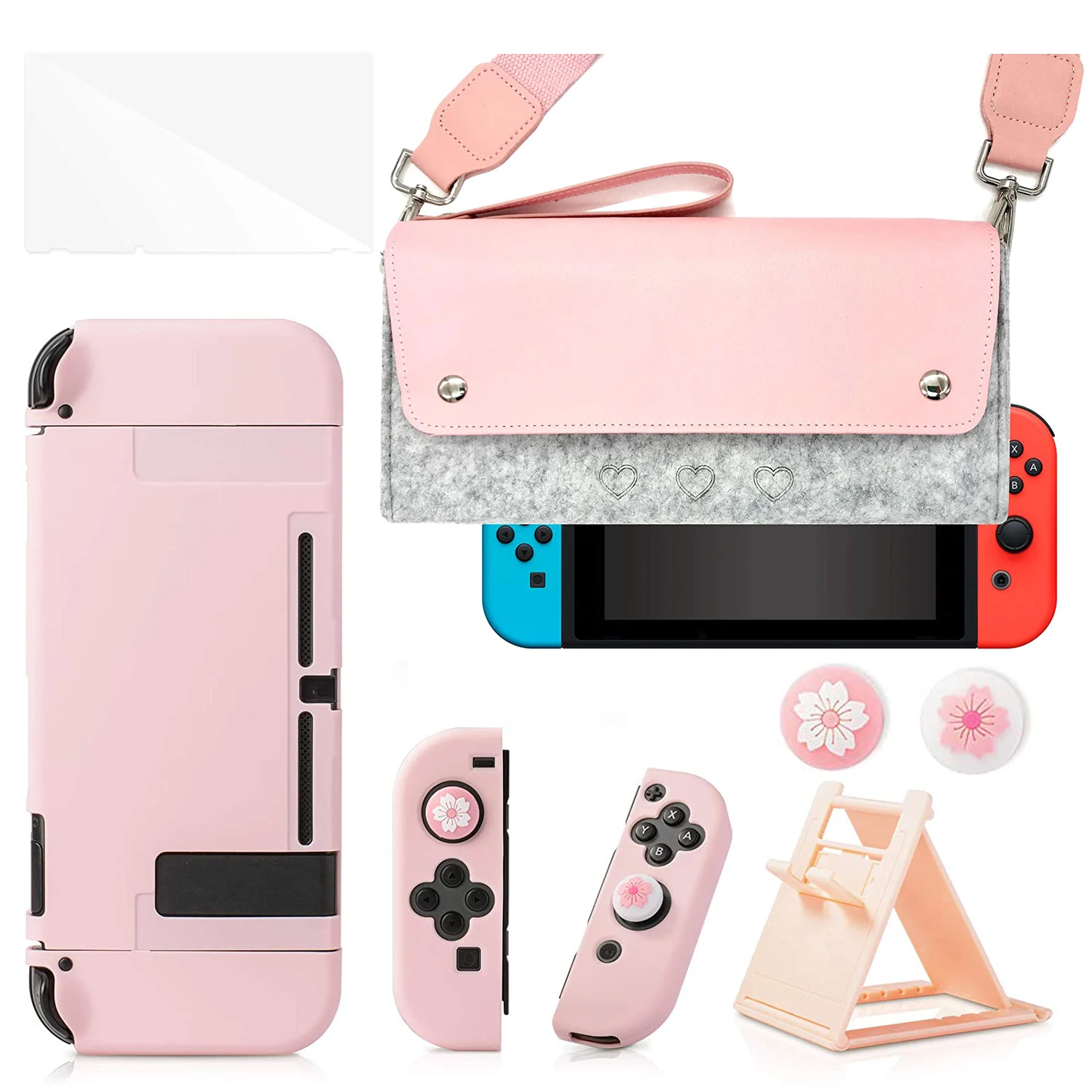 10PCS kawaii Pink protective Case Kit for Nintendo Switch Screen Protector Ultra-thin Adjustable Stand and Thumb Grip Caps - купить по