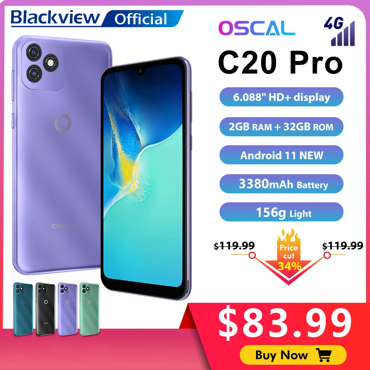 

Blackview OSCAL C20 Pro Smartphone 2GB+32GB Octa Core Cellphone Android 11 Face Unlock Mobile Phone Dual 4G SIM 6.088" Celular