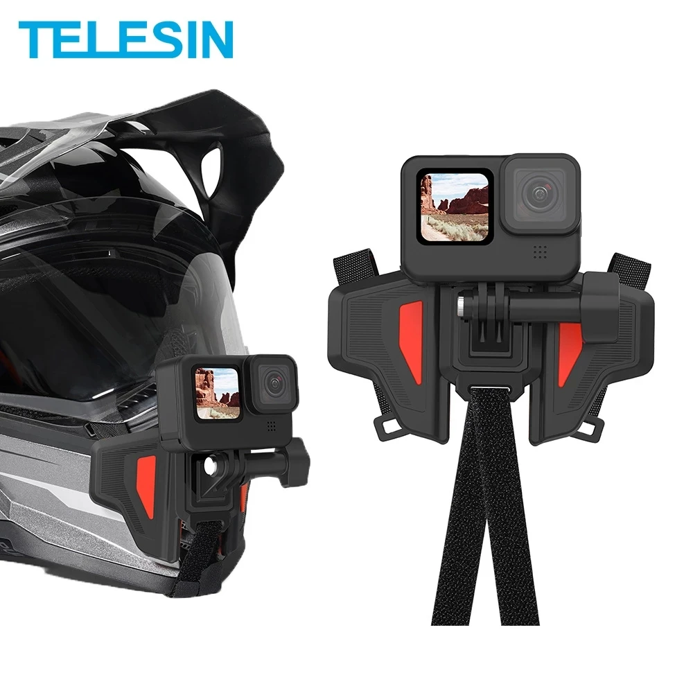 

TELESIN ремень для крепления мотоциклетного шлема, выдвижное крепление для переднего подбородка для GoPro Hero 9 8 7 6 5 DJI Osmo Action Insta360, аксессуары