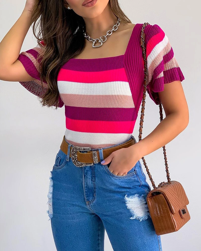 Contrast Knitted Tops Summer Sexy Square Collar Short Sleeve Slim Short Tops For Women
Contrast Knitted Tops Summer Sexy Square Collar Short Sleeve Slim Short Tops For Women