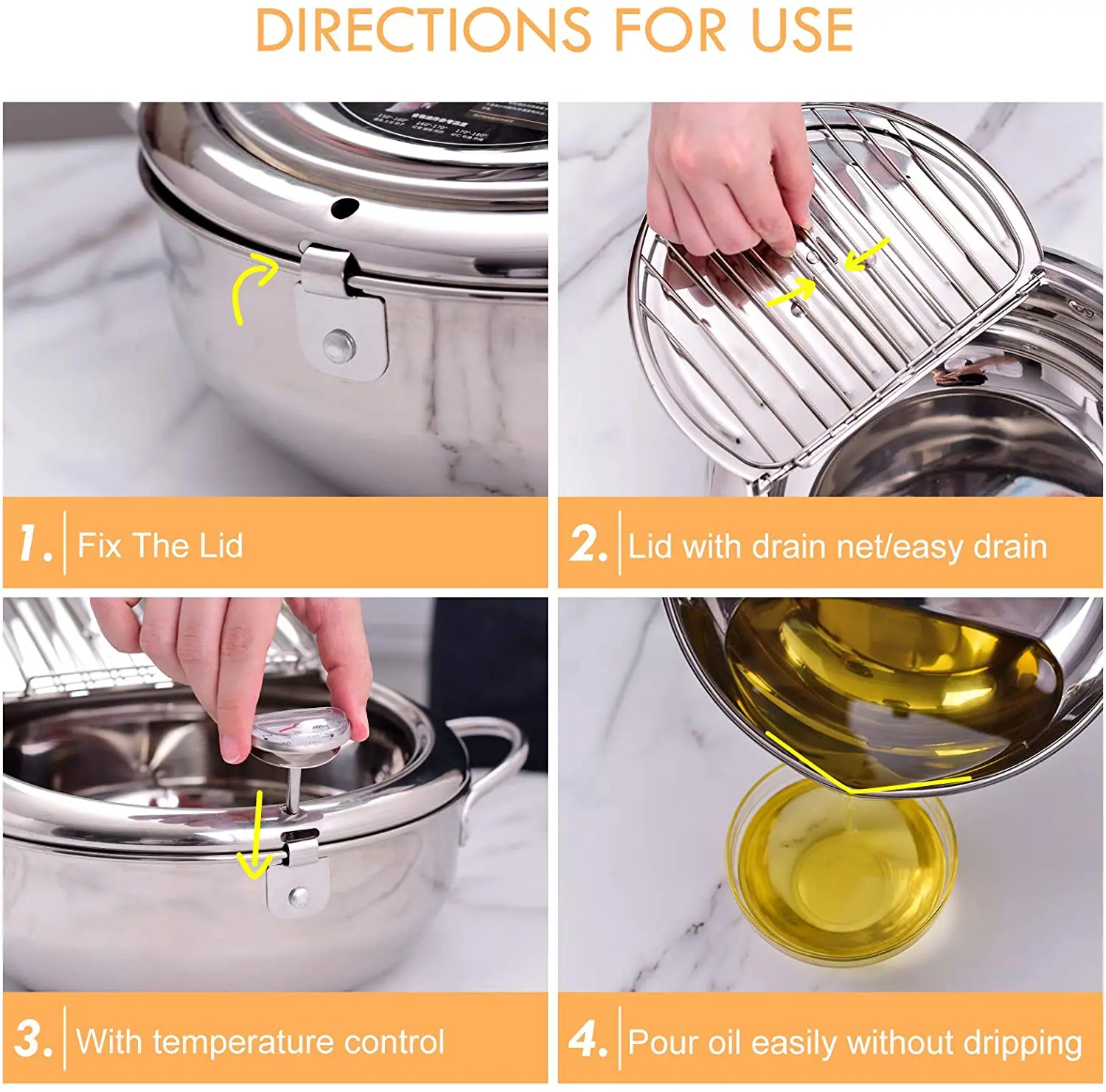 Japanese Style Kitchen Frying Pan Thermometer 304 Stainless Steel Tempura Decoct Pot With Lid Cooking Tools | Дом и сад