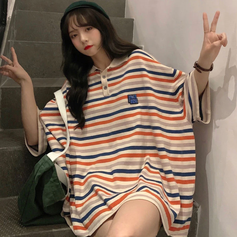 Summer Oversized Short Sleeve Women T Shirt Korean Fashion Rainbow Striped Print Personality Harajuku Kawaii Streetwear Clothing
Summer Oversized Short Sleeve Women T Shirt Korean Fashion Rainbow Striped Print Personality Harajuku Kawaii Streetwear Clothing