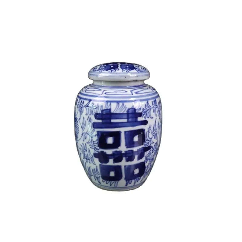 

Early collection of blue and white double happiness lotus covered pot antique porcelain home decoration