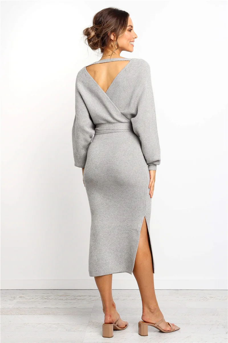 Autumn Winter Sexy V Neck Backless Lace Up Sashes Split Midi Dress Women Solid Color Casual Slim Package Hip Party Dress Vestido
Autumn Winter Sexy V Neck Backless Lace Up Sashes Split Midi Dress Women Solid Color Casual Slim Package Hip Party Dress Vestido