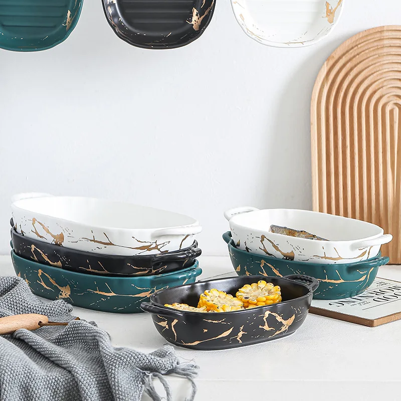 Lace gold series frosted ceramic handle baking plate baking bowl creative baking rice baking plate Western food plate household
Lace gold series frosted ceramic handle baking plate baking bowl creative baking rice baking plate Western food plate household