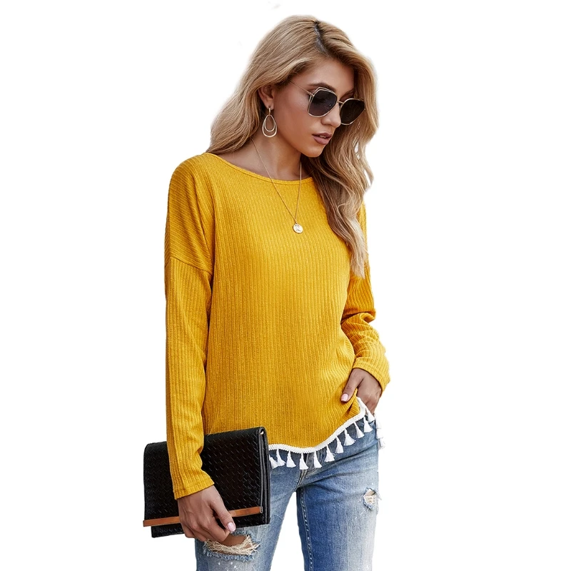 Women Long Sleeve O-Neck Shirt Solid Color Fringe Tassels Hem Ribbed Jumper Tops U50C
Women Long Sleeve O-Neck Shirt Solid Color Fringe Tassels Hem Ribbed Jumper Tops U50C