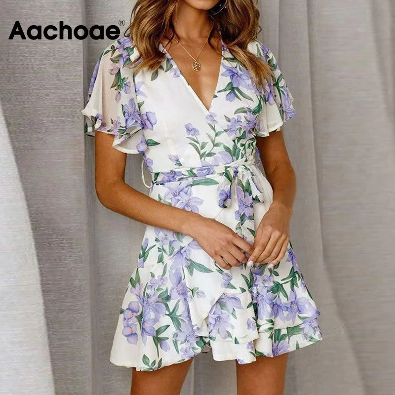 

Aachoae Women Beach Floral Printed Wrap Dress V Neck Butterfly Short Sleeve Ruffle Sundress Female Summer Holiday Mini Dresses