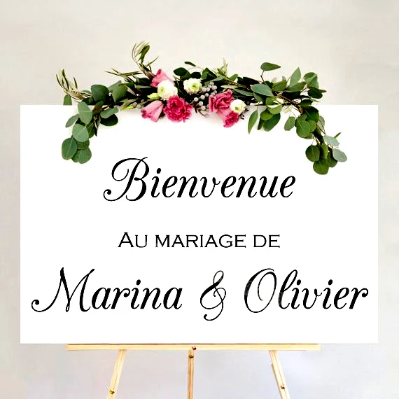 

Personalisierte Hochzeit Willkommen Boden Aufkleber Zeichen Braut und Bräutigam Namen Hochzeit Angepasst bord aufkleber