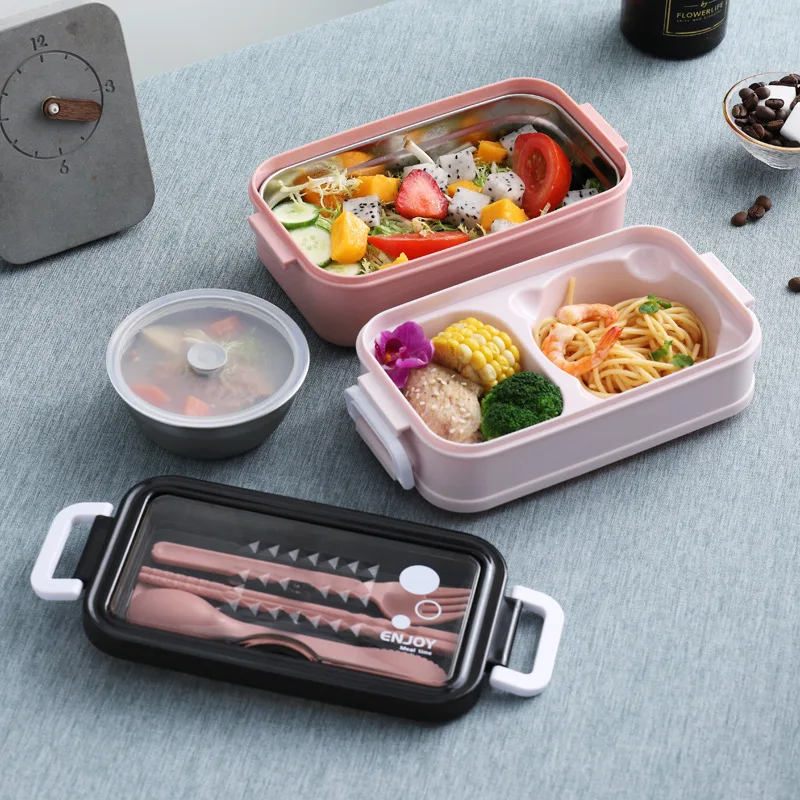 

Lunch Box Bento Box for Student Office Worker Double-layer Microwave Heating Lunch Container Food With Tableware ланч бокс