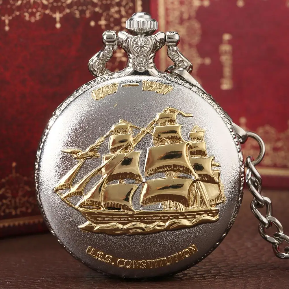 Silver Golden Military Series U.S Navy USS Constitution Sail Frigate Quartz Pocket Watch FOB Chain Old Ironsides 1797-1997 | Наручные