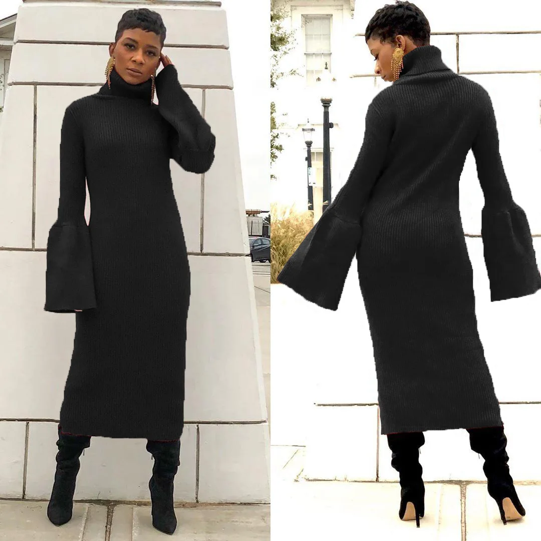 Winter Women Solid Color Turtleneck Long Flare Sleeve Long Sweaters Dress Vintage Casual Knitted Pullovers Mid Calf Dress
Winter Women Solid Color Turtleneck Long Flare Sleeve Long Sweaters Dress Vintage Casual Knitted Pullovers Mid Calf Dress