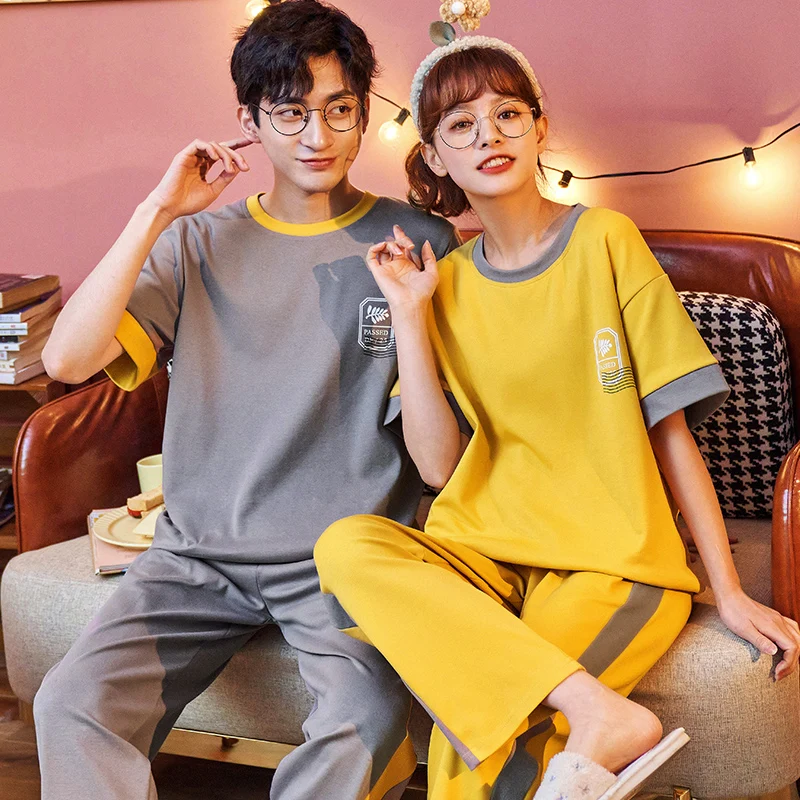 Sweet Korean Women Pajamas Set Cotton Short Sleeve Summer Couple Sleepwear Simple Yellow O-neck Casual Trousers Female Homewear
Sweet Korean Women Pajamas Set Cotton Short Sleeve Summer Couple Sleepwear Simple Yellow O-neck Casual Trousers Female Homewear