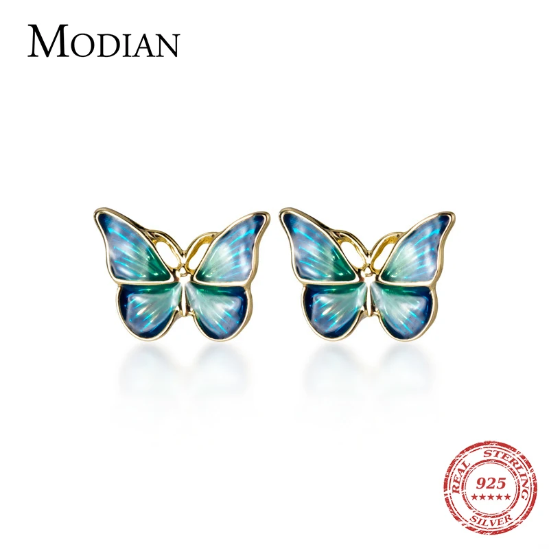 

MODIAN Blue Enamel Lovely Butterflies Stud Earring for Women 925 Sterling Silver Fashion Insect Ear Studs Fine Jewelry Bijoux