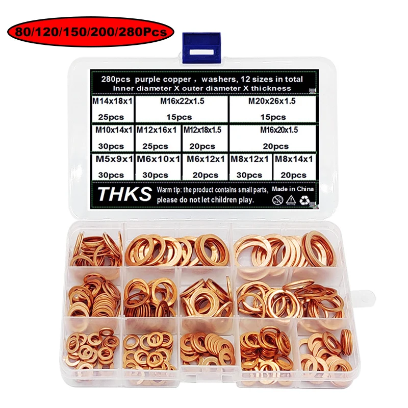 80/120/150/200/280pcs M5-M20 Copper Washer Flat Ring Gasket Sealing Washer Flat Seal Gasket Ring Assortment Kit Hardware
80/120/150/200/280pcs M5-M20 Copper Washer Flat Ring Gasket Sealing Washer Flat Seal Gasket Ring Assortment Kit Hardware