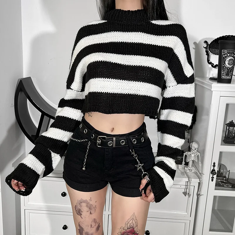 Women Short Navel Striped Sweaters High Collar Pullovers Loose Sexy Long Sleeve Top Fashion Vintage Womens Clothing Jersey Mujer
Women Short Navel Striped Sweaters High Collar Pullovers Loose Sexy Long Sleeve Top Fashion Vintage Womens Clothing Jersey Mujer