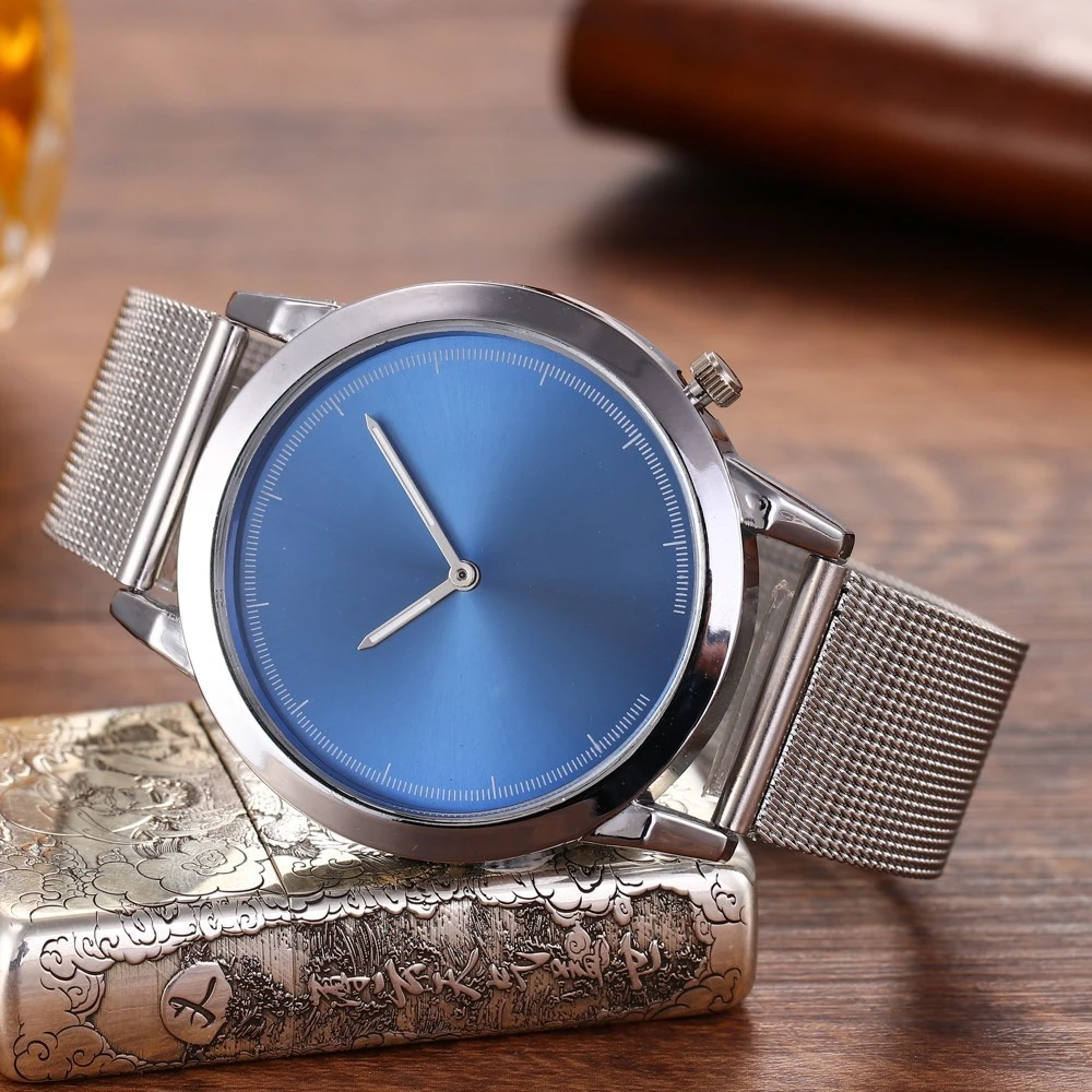 Мужские ультратонкие деловые часы с синим циферблатом минималистичные