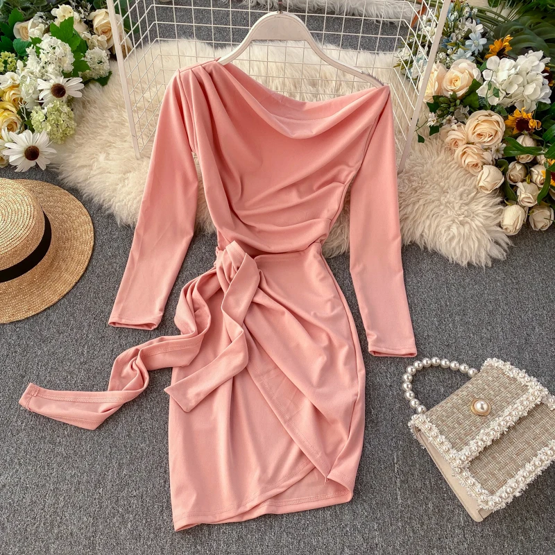 

Chic Asymmetrical Party Women Dress Sexy Elegant Slash Neck Long Sleeve Dress Ladies Empire Sashes Slit Dresses Pencil Vestidos