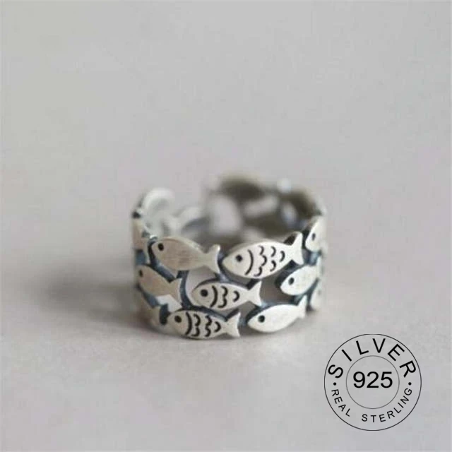 Реальный S925 серебро Ретро группа с принтом «маленькие рыбки», Открытое кольцо, женские модели тайский серебряный с широким лицом кольцо 
Реальный S925 серебро Ретро группа с принтом «маленькие рыбки», Открытое кольцо, женские модели тайский серебряный с широким лицом кольцо