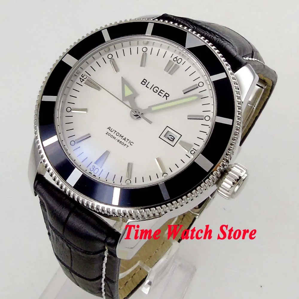 

Bliger 46mm white dial date luminous black bezel screw-in crown deployant clasp Automatic movement men's watch 114