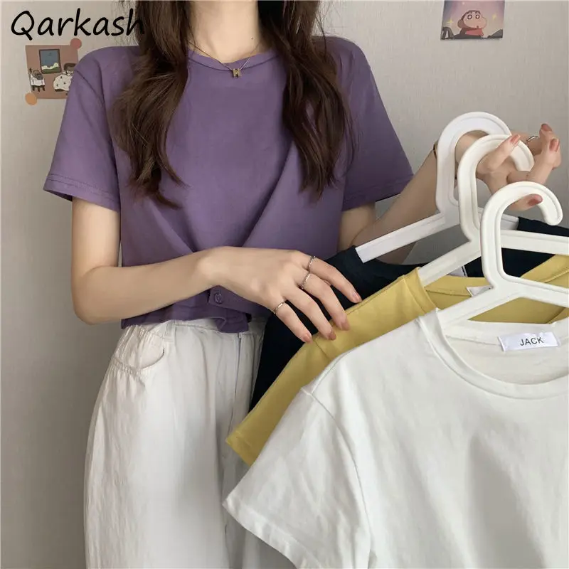 Женские футболки с коротким рукавом, однотонные укороченные топы с круглым вырезом, летние повседневные универсальные футболки на пуговиц...
Женские футболки с коротким рукавом, однотонные укороченные топы с круглым вырезом, летние повседневные универсальные футболки на пуговиц...