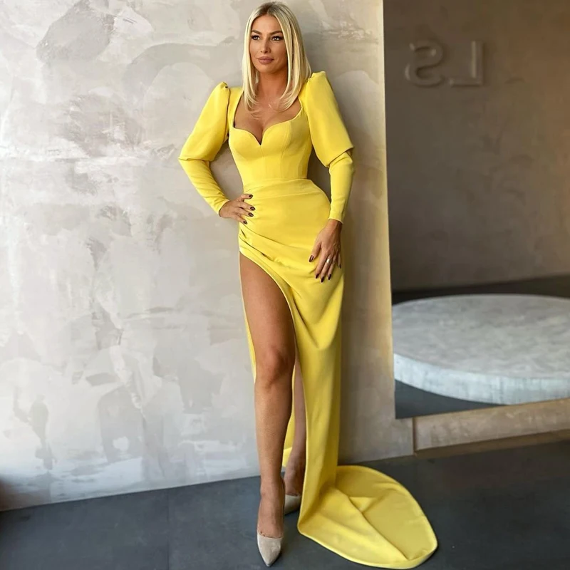 Thinyfull Sexy Prom Dresses Yellow Satin High Split Evening Dress Saudi Arabia Dubai Mermaid Long Sleeves Cocktail Party Gowns
Thinyfull Sexy Prom Dresses Yellow Satin High Split Evening Dress Saudi Arabia Dubai Mermaid Long Sleeves Cocktail Party Gowns