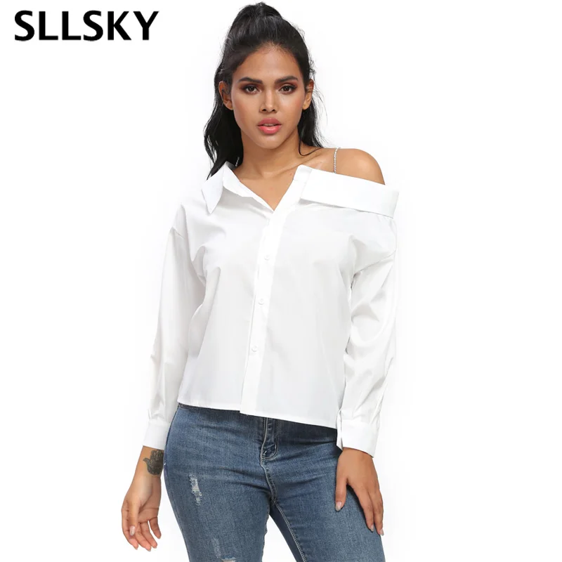 SLLSKY Skew collar White Chiffon Blouse Tops Spring Sling Long sleeve buttons Loose Sexy Feminine Simple Office lady Slim Shirt 
SLLSKY Skew collar White Chiffon Blouse Tops Spring Sling Long sleeve buttons Loose Sexy Feminine Simple Office lady Slim Shirt